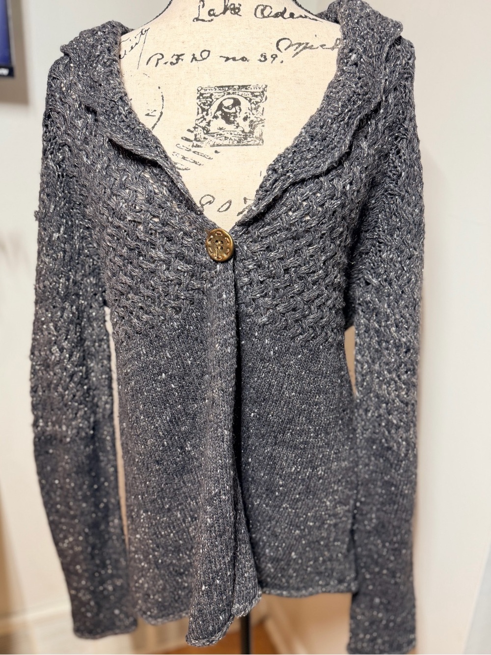 Chicos 2 Charcoal Gray Wool Blend Metallic Open Knit Shawl Collar Cardigan Boho